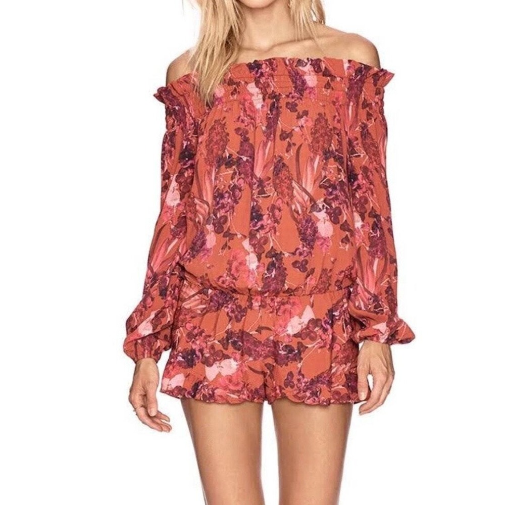 BEACH RIOT Lantern Romper Women Small Red Floral Off Shoulder Ruffle Long Sleeve
